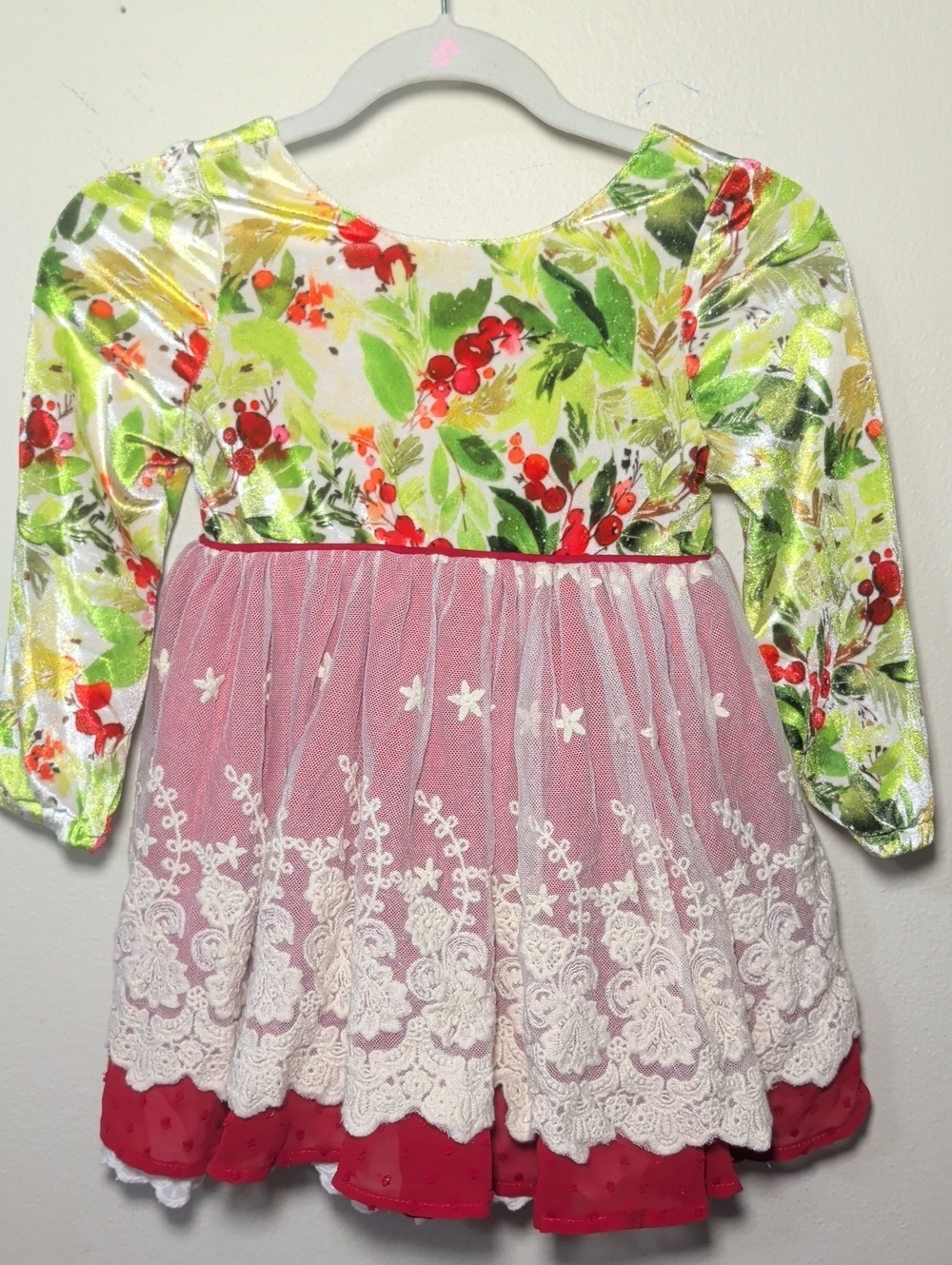 Love & Grow Pretty Poinsettia Emery Dress Green Red Lace Holiday Girls Size 2T